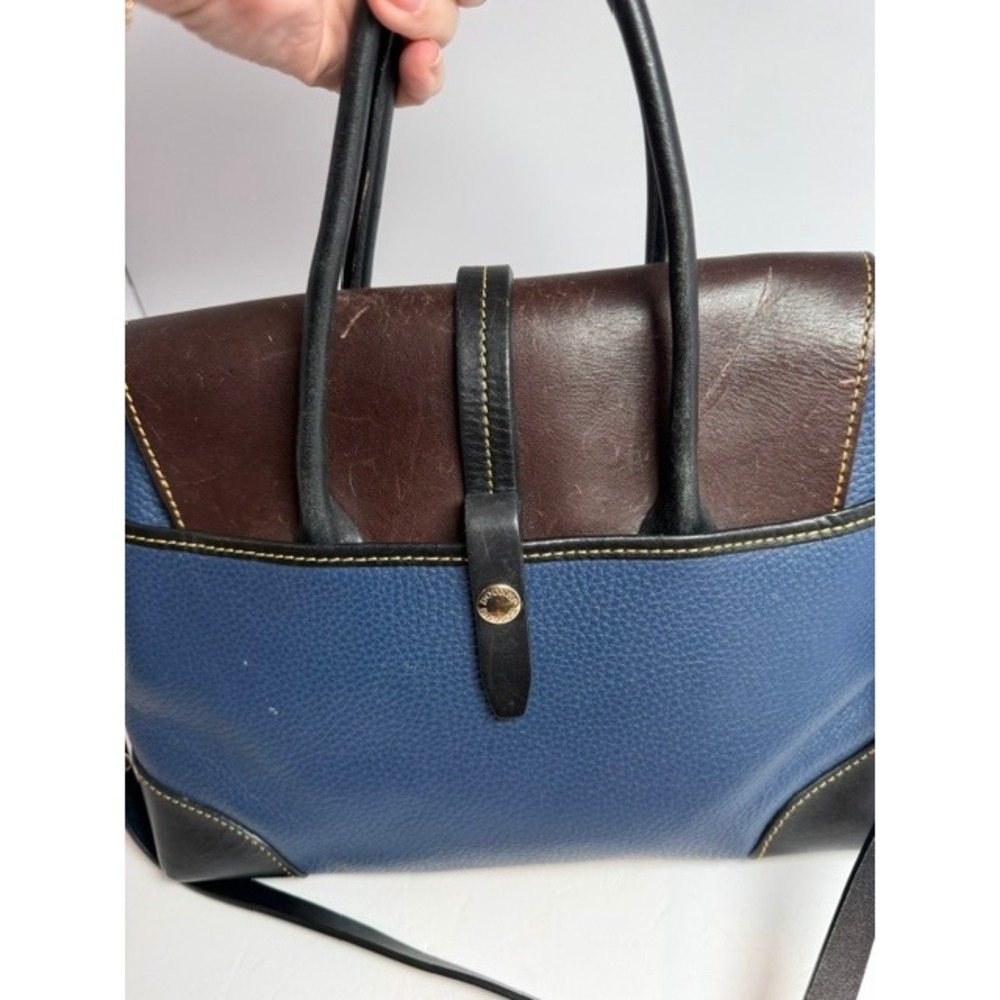 Dooney & Bourke Navy Blue Pebbled Leather Elisa Satchel Brown Trim J10831022 - Picture 2 of 16